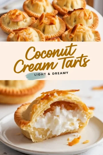 Collage featuring a close-up of coconut cream tarts topped with toasted coconut flakes on a plate, a text overlay “Coconut Cream Tarts Light & Dreamy” in gold cursive, and a tart cut in half showing the creamy coconut filling.