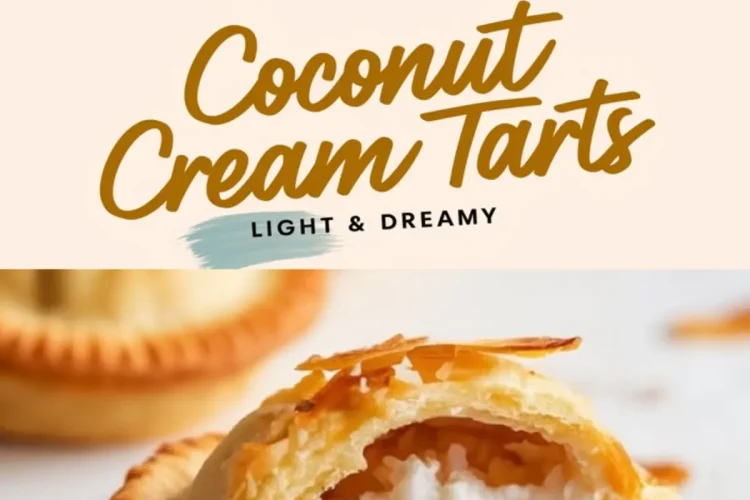 Collage featuring a close-up of coconut cream tarts topped with toasted coconut flakes on a plate, a text overlay “Coconut Cream Tarts Light & Dreamy” in gold cursive, and a tart cut in half showing the creamy coconut filling.