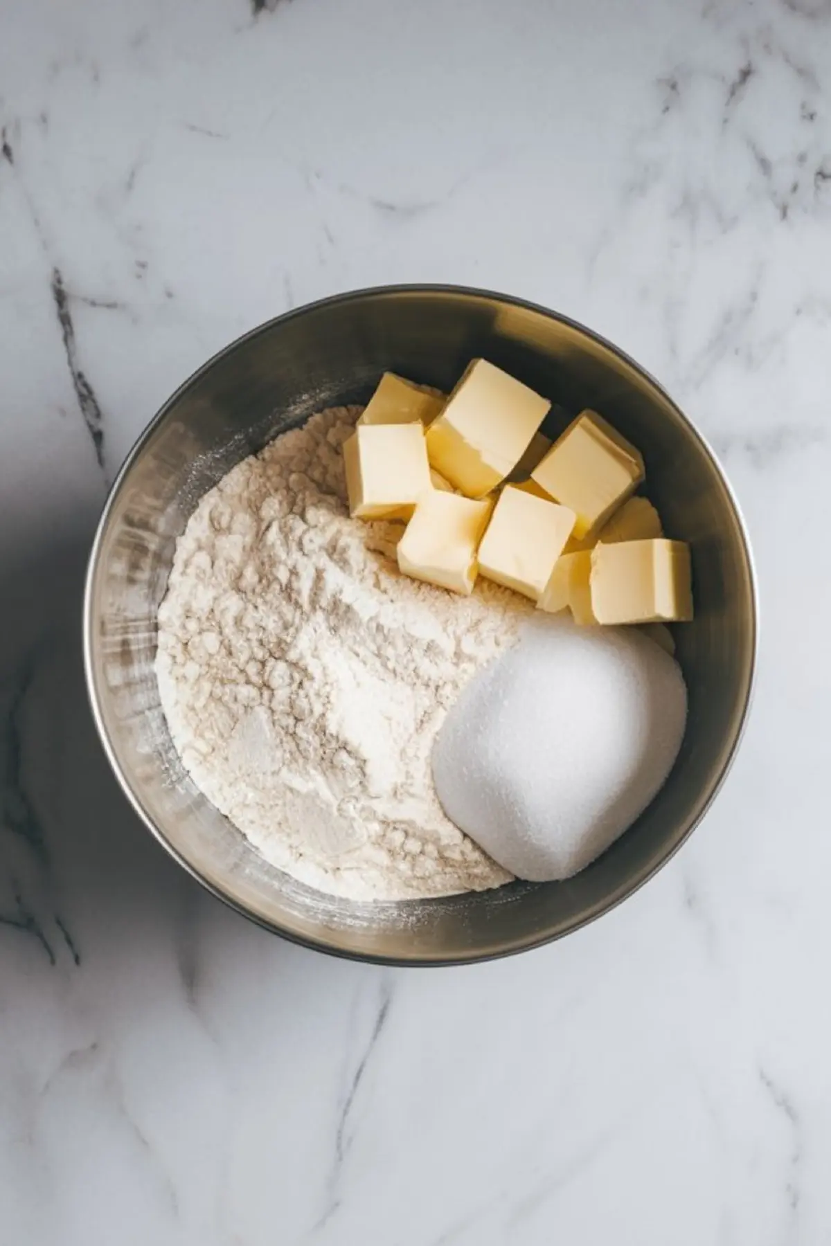 Metal mixing bowl containing flour, cubed butter, and granulated sugar on a marble surface, showing the initial stage of tart dough preparation.
