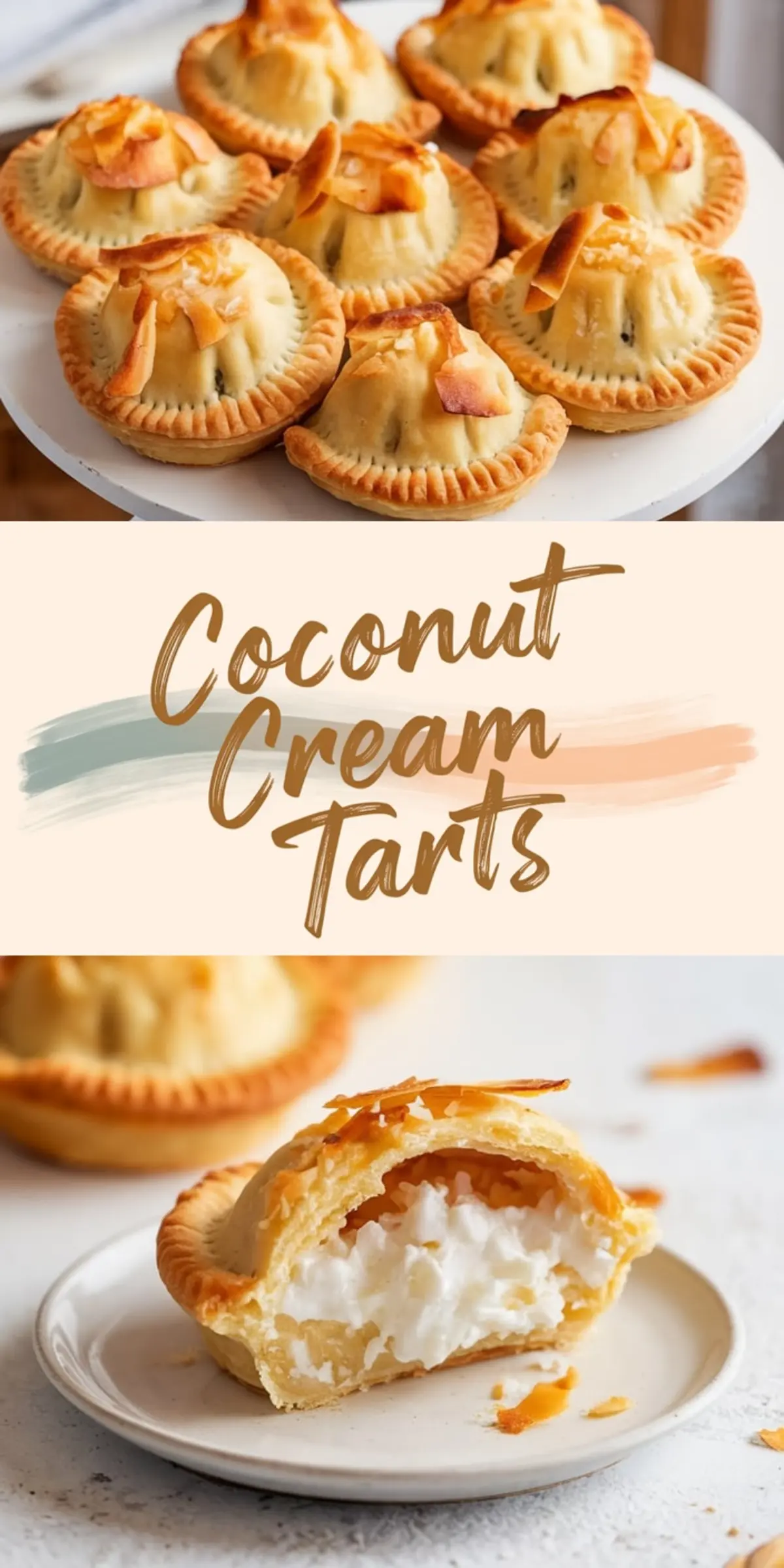 Collage with a plate of baked coconut cream tarts topped with toasted coconut chips, a beige banner with “Coconut Cream Tarts” text in brown brushstroke font, and a sliced tart on a plate revealing the creamy coconut filling inside.
