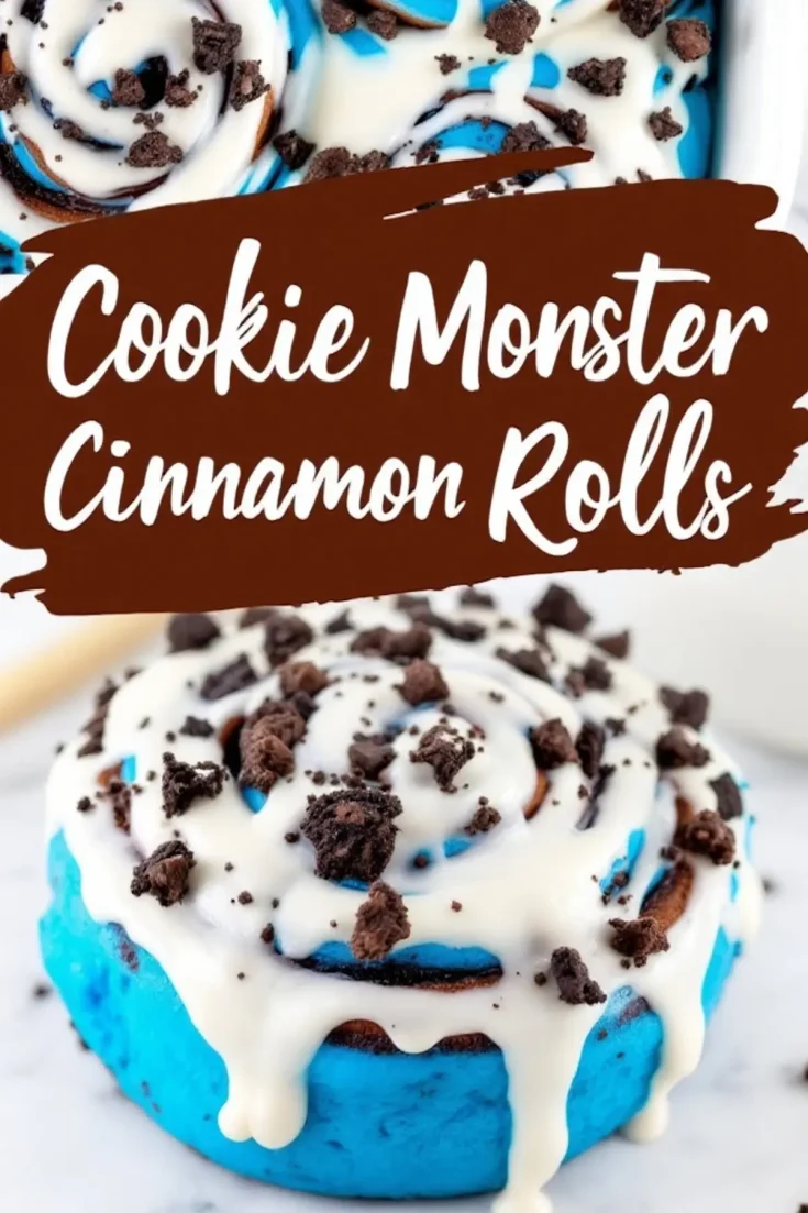 A single blue Cookie Monster cinnamon roll covered in white icing and sprinkled with crushed chocolate cookies. The roll sits on a white marble surface, with the icing dripping down the sides.