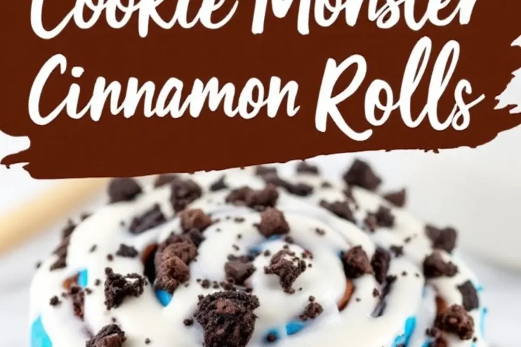 A single blue Cookie Monster cinnamon roll covered in white icing and sprinkled with crushed chocolate cookies. The roll sits on a white marble surface, with the icing dripping down the sides.