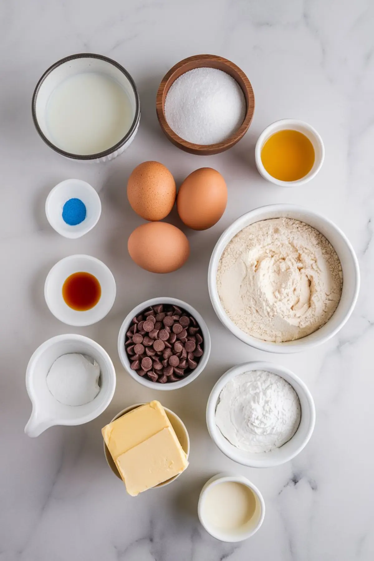 A flat lay of ingredients for Cookie Monster cinnamon rolls arranged on a marble countertop. The ingredients include flour, eggs, sugar, butter, vanilla extract, chocolate chips, milk, and blue food coloring.