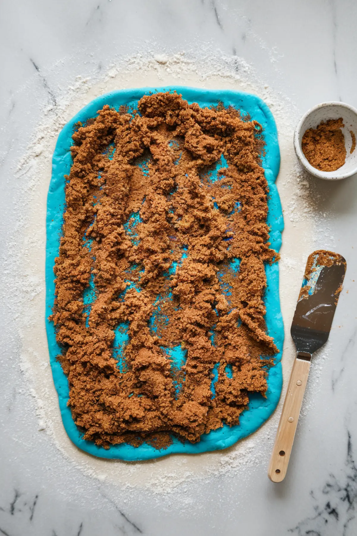A sheet of bright blue cinnamon roll dough laid flat on a lightly floured marble surface, covered in a layer of cinnamon-sugar filling. A spatula with cinnamon mixture rests nearby.