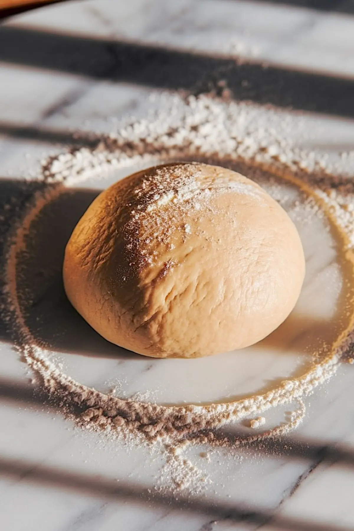 A ball of dough dusted with flour rests on a marble countertop, surrounded by a ring of scattered flour. Sunlight casts soft shadows on the surface.