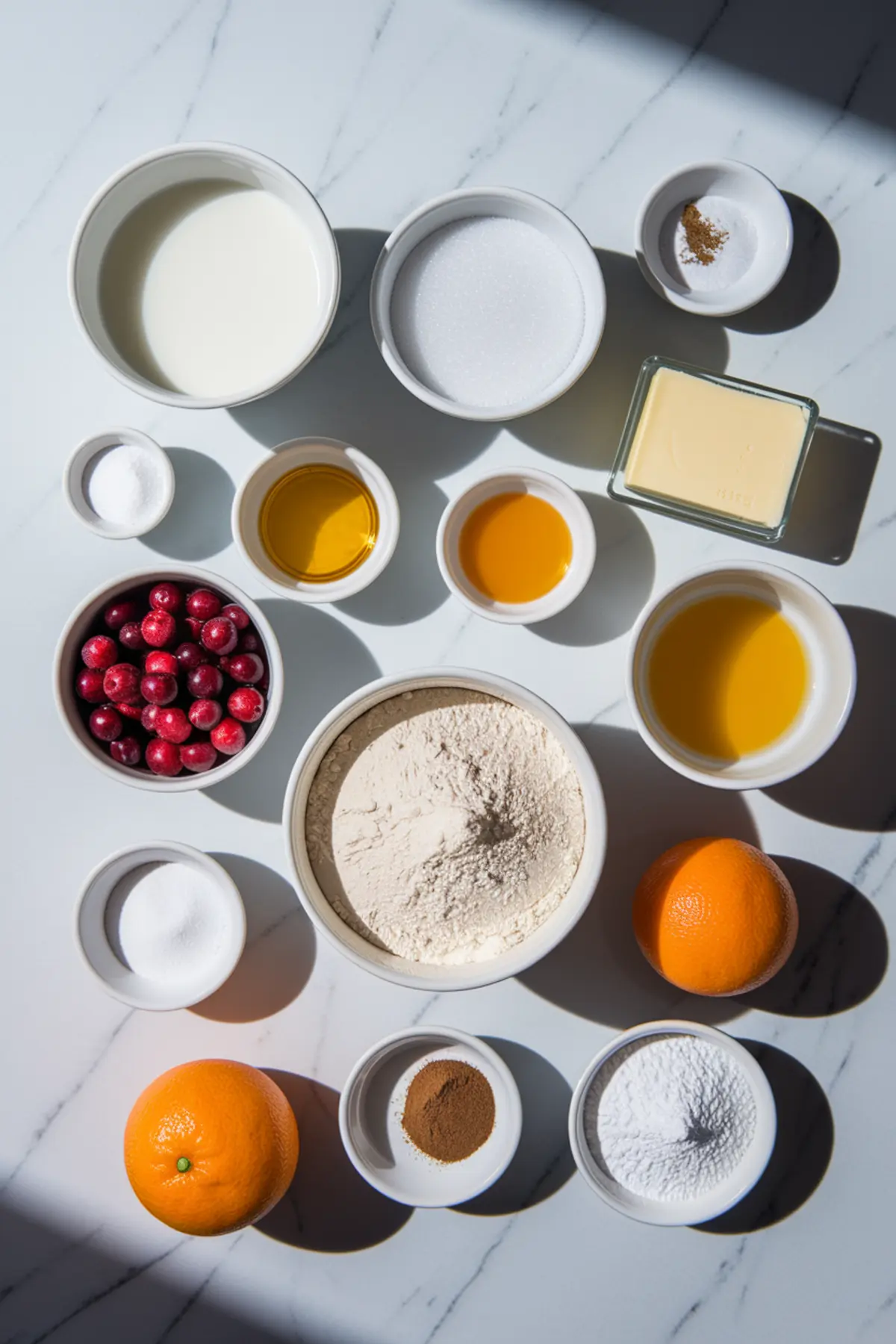 A flat lay of baking ingredients arranged in small white bowls on a marble countertop. Ingredients include fresh cranberries, oranges, flour, sugar, butter, cinnamon, nutmeg, baking powder, salt, and various liquids such as milk and orange juice.