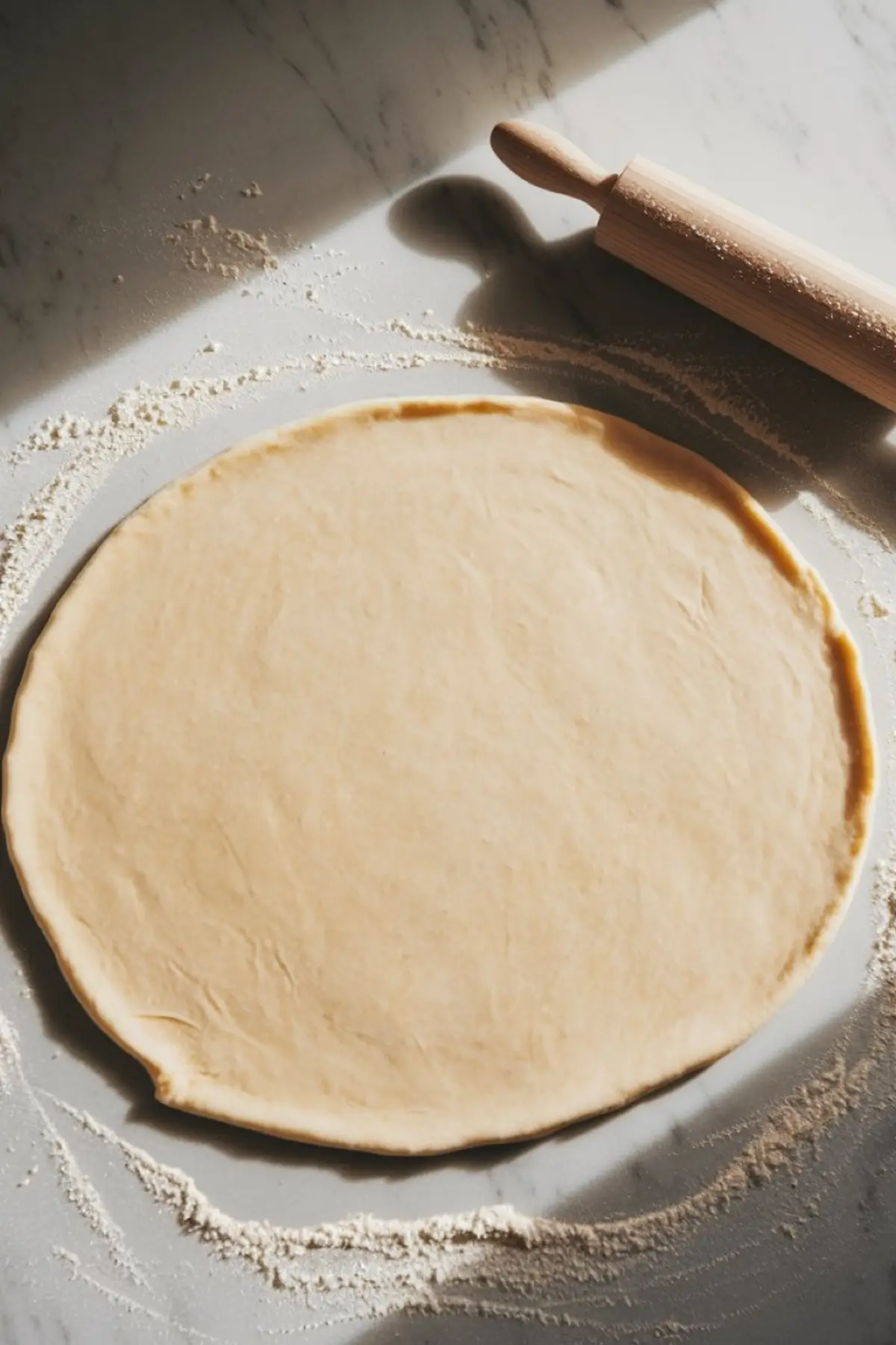 A rolled-out sheet of dough on a floured marble surface, with a wooden rolling pin resting nearby. Soft shadows highlight the texture of the dough.