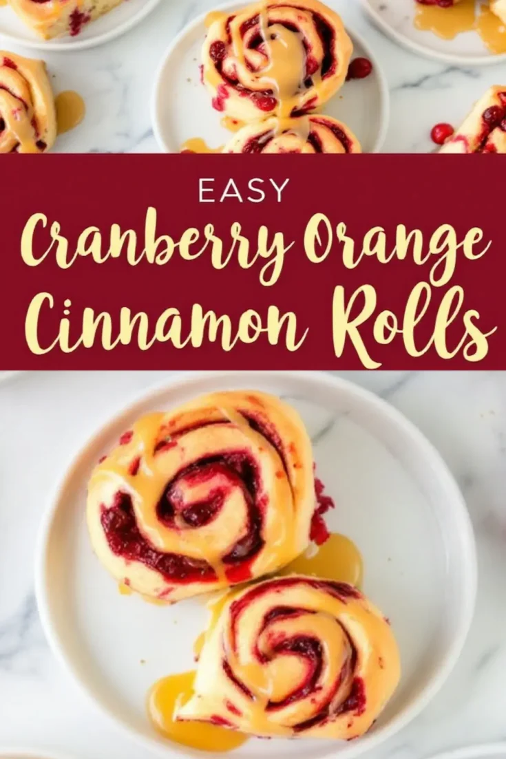Cranberry orange cinnamon rolls served on white plates, drizzled with caramel glaze. The rolls have a vibrant red cranberry filling swirled in soft dough. A red banner with white text reads “Easy Cranberry Orange Cinnamon Rolls.”