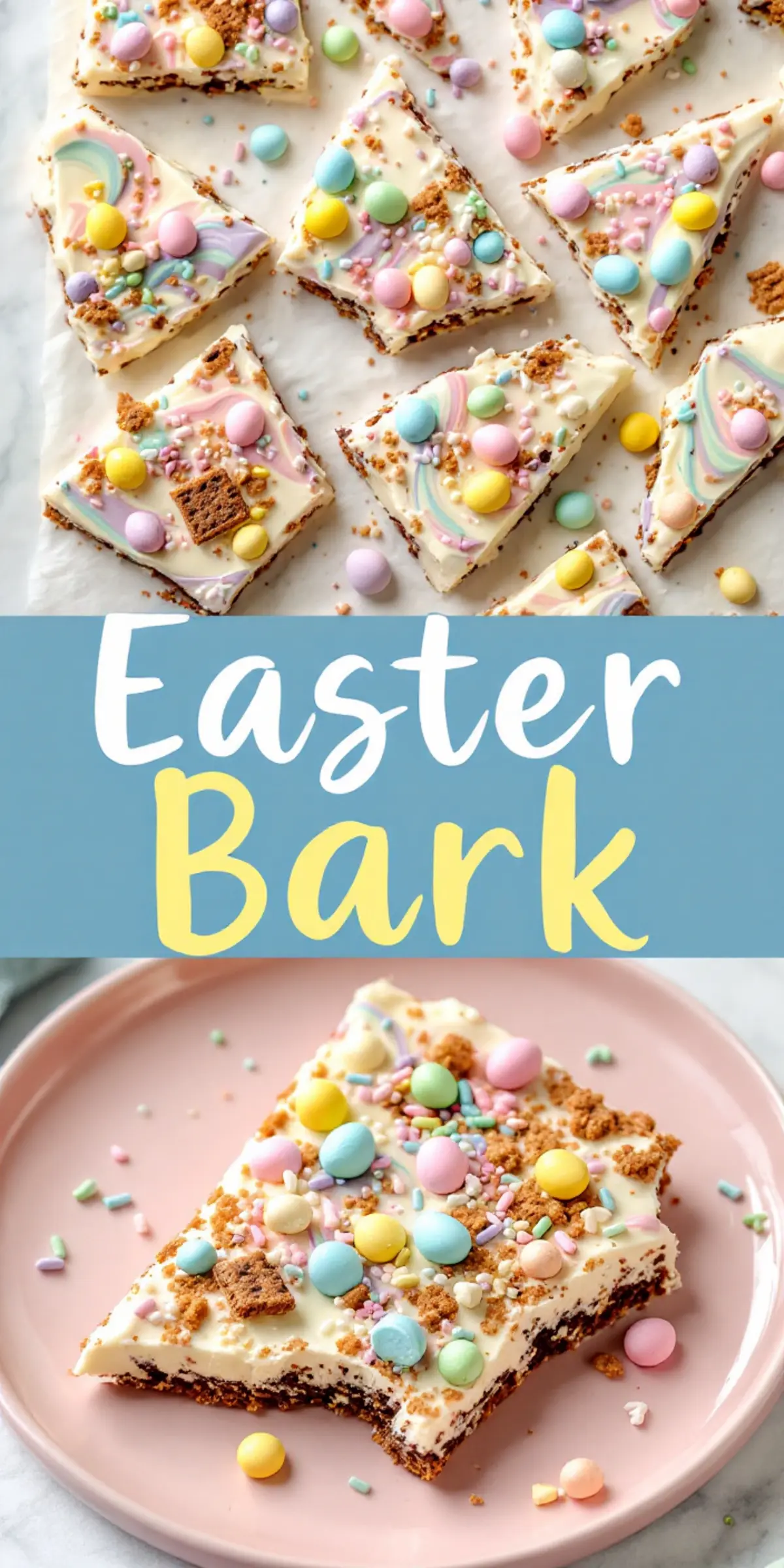 Easter bark made with white chocolate, swirled pastel colors, crushed cookies, and candy-coated chocolate eggs. A colorful Easter treat for kids.