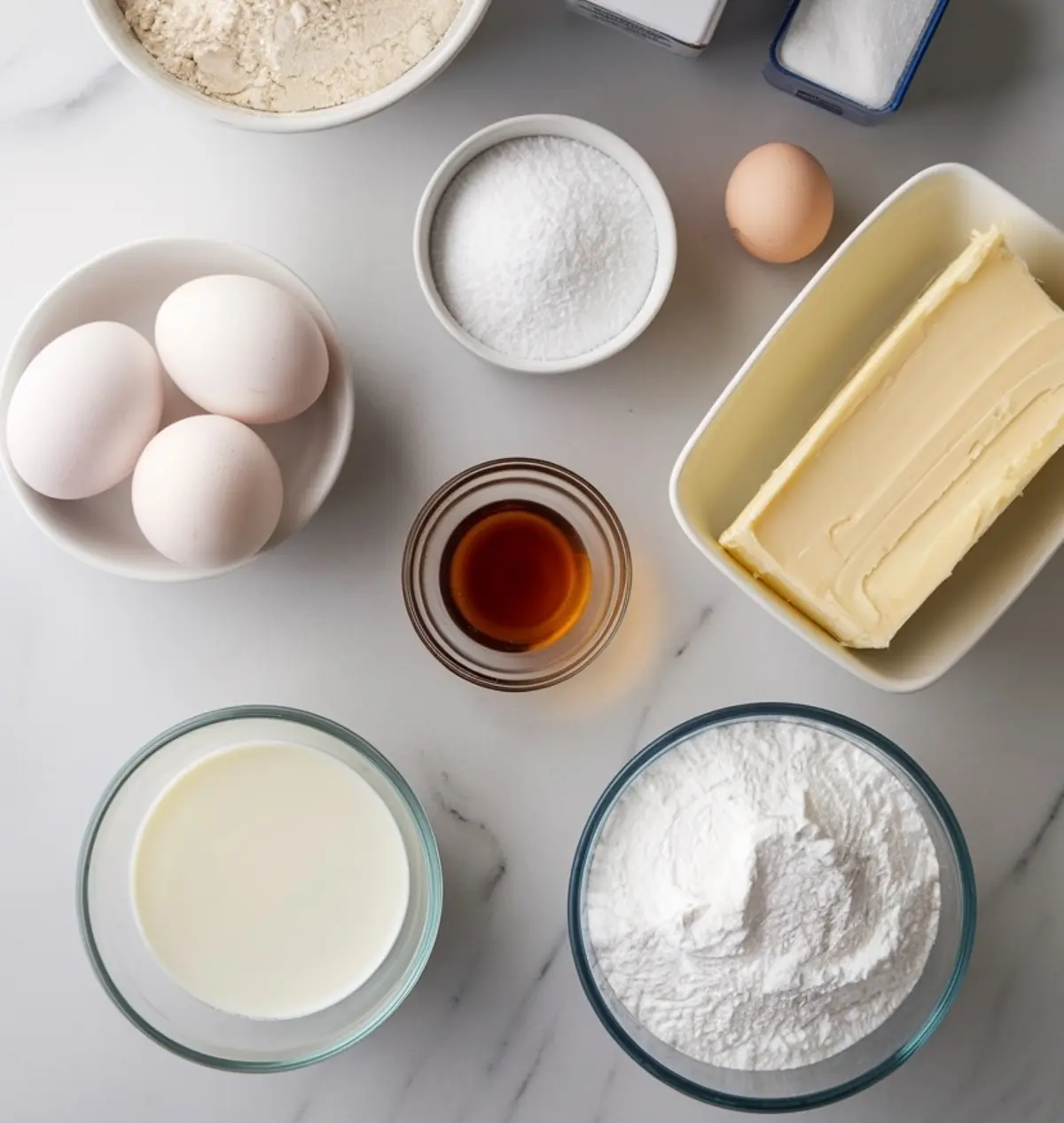 Overhead shot of baking ingredients arranged on a marble countertop, including flour, sugar, eggs, butter, vanilla extract, powdered sugar, and milk in various bowls and containers.