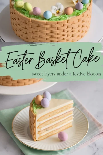 A decorated Easter basket cake with woven frosting texture, topped with edible grass, pastel candy eggs, and flowers. Below, a slice of the cake is plated on a white dish with gold trim, showing its layered vanilla sponge and creamy filling. The text overlay reads “Easter Basket Cake - sweet layers under a festive bloom.”