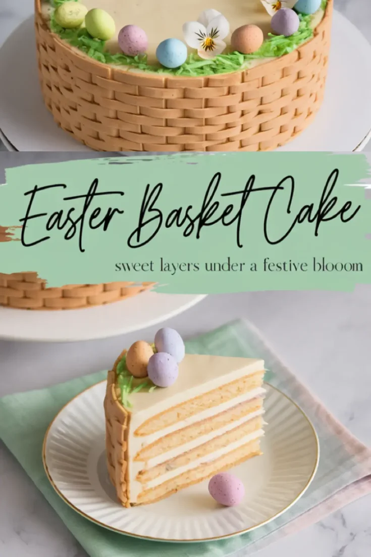 A decorated Easter basket cake with woven frosting texture, topped with edible grass, pastel candy eggs, and flowers. Below, a slice of the cake is plated on a white dish with gold trim, showing its layered vanilla sponge and creamy filling. The text overlay reads “Easter Basket Cake - sweet layers under a festive bloom.”