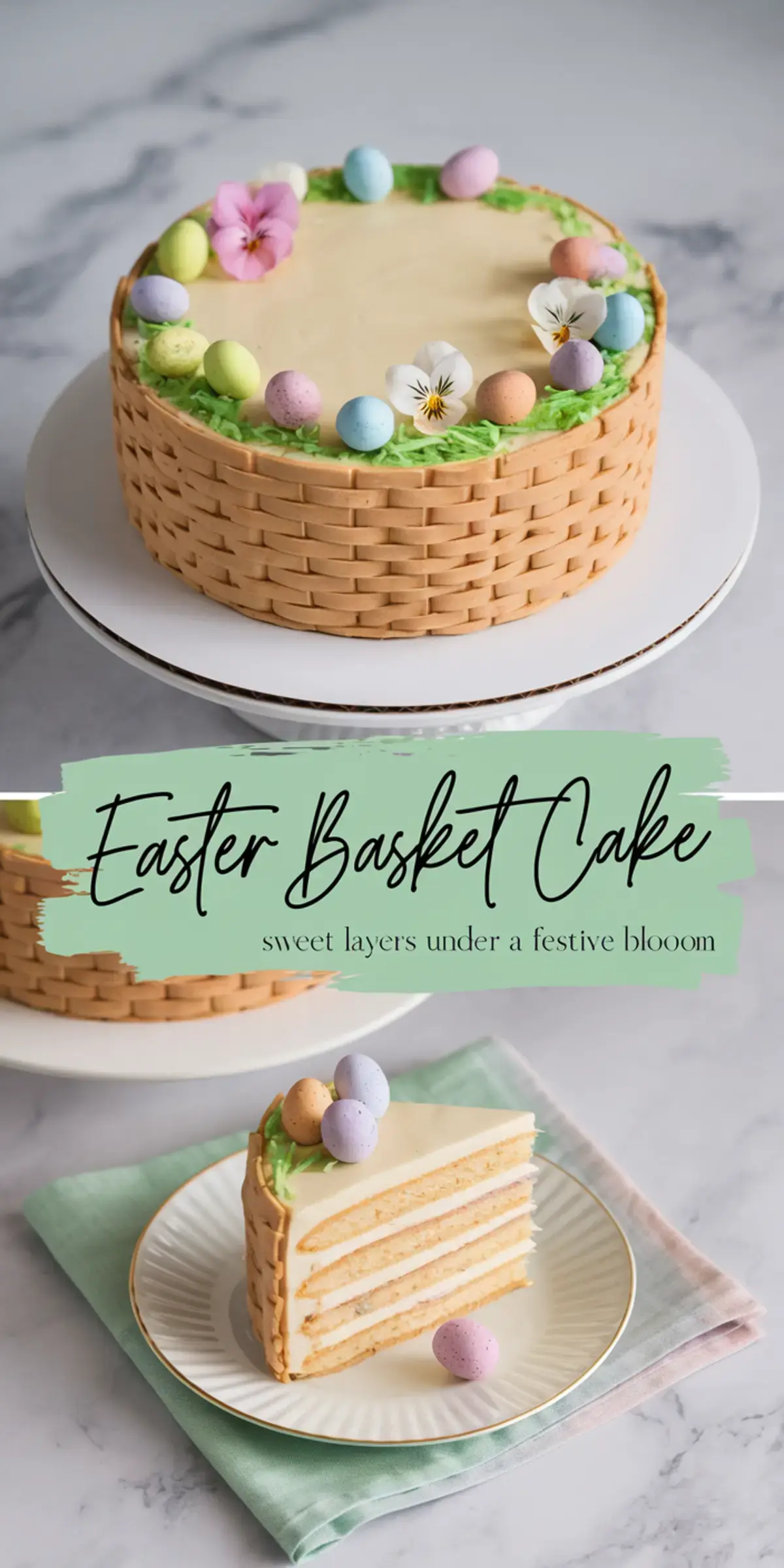 A collage featuring a full Easter basket cake and a plated slice. The cake has a basketweave design, topped with edible grass, pastel eggs, and flowers. The slice reveals multiple layers of sponge and frosting. The text overlay reads “Easter Basket Cake - sweet layers under a festive bloom.”