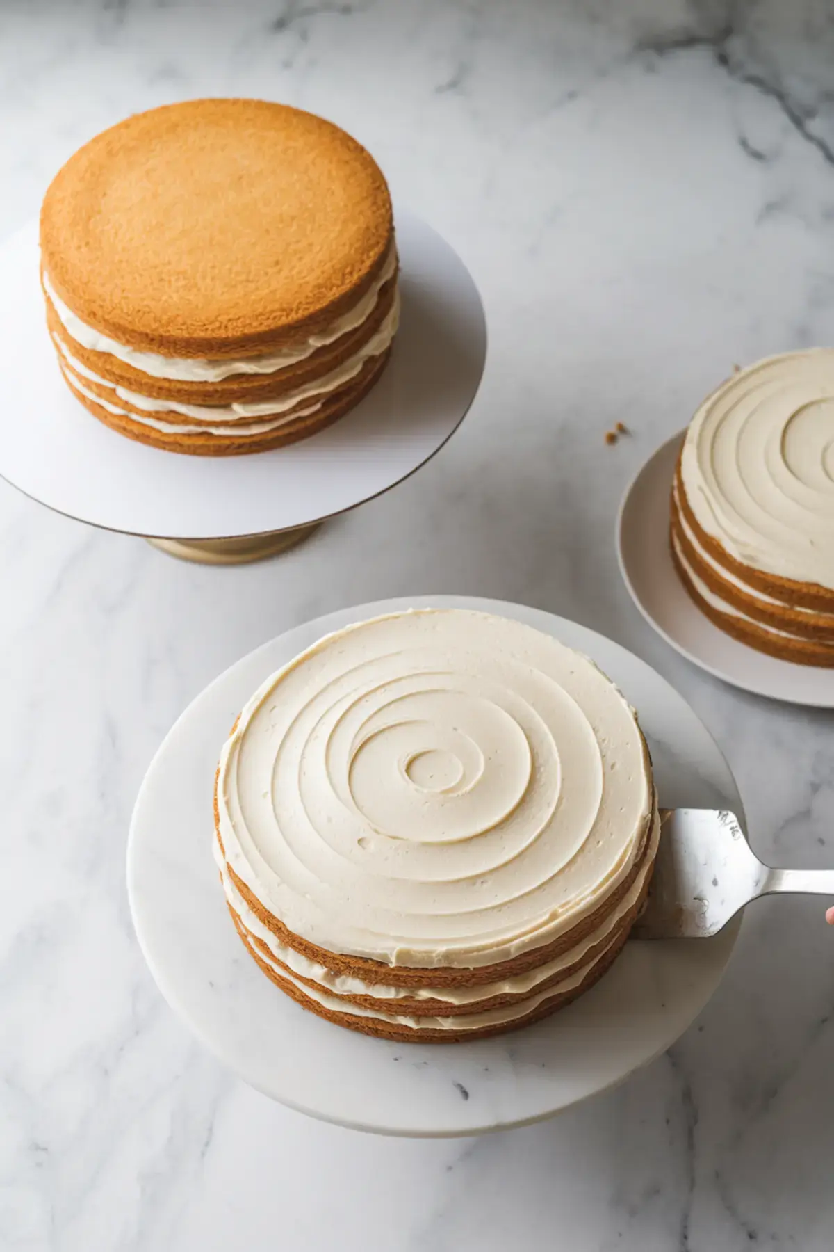 Three layered cakes in the process of being assembled, each with smooth, piped frosting between golden sponge cake layers. One cake is on a turntable, while another is being lifted with an offset spatula.
