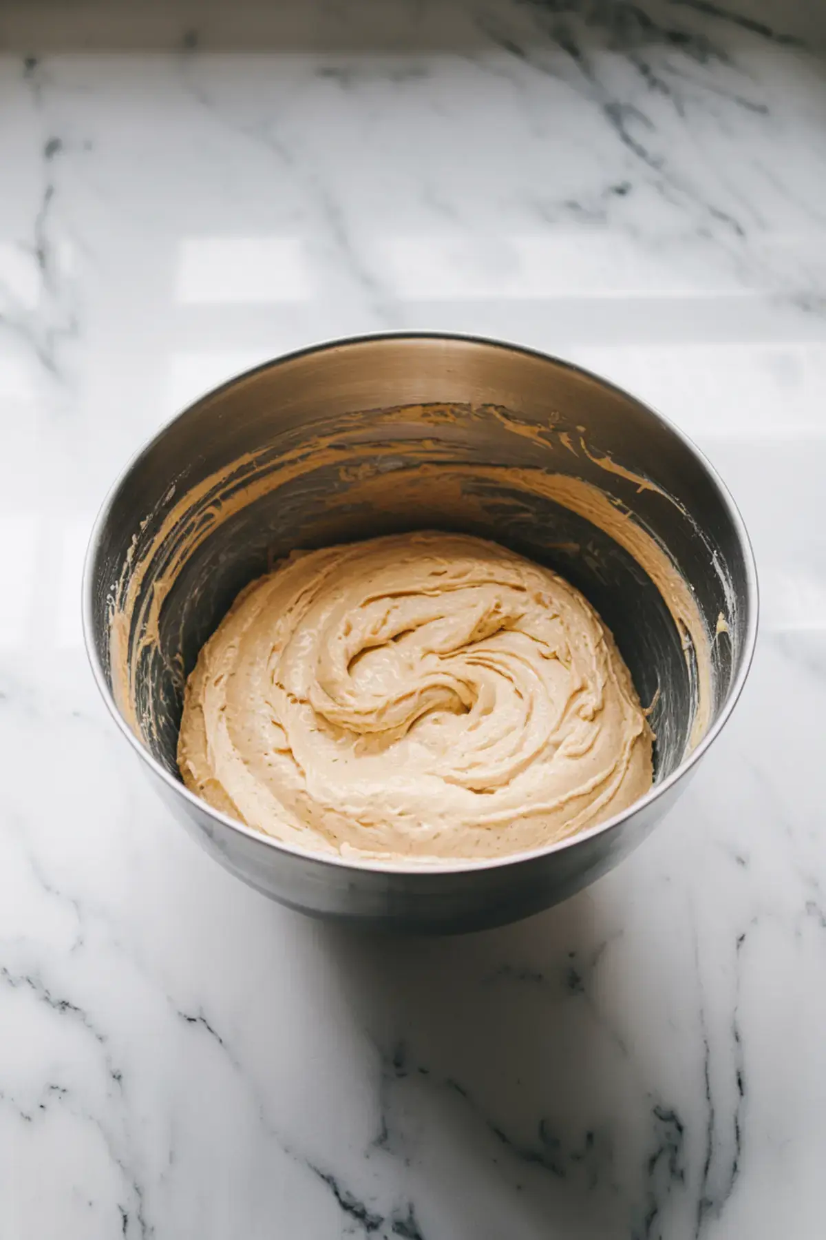 A mixing bowl filled with creamy, swirled cake batter on a marble countertop, with streaks of batter along the sides of the bowl.