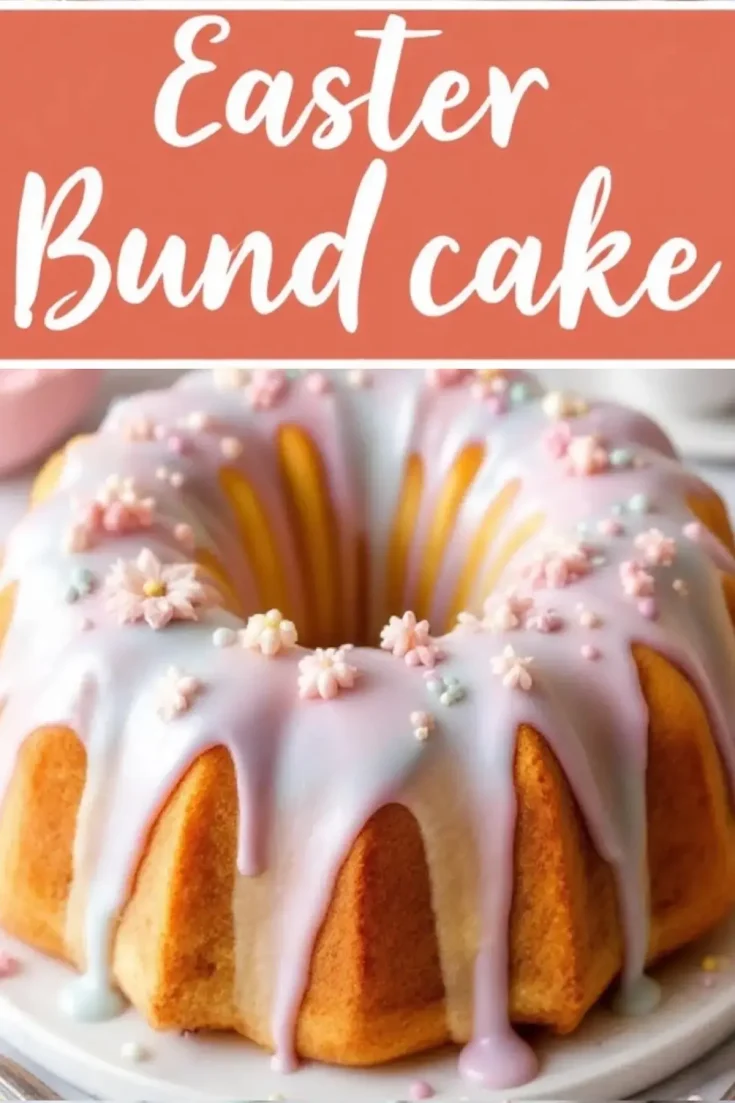 A golden Easter Bundt cake with pastel-colored glaze dripping down the sides, decorated with small pink and white sugar flowers and pearl sprinkles. The text “Easter Bundt Cake” is displayed in a bold, white script on a coral background.