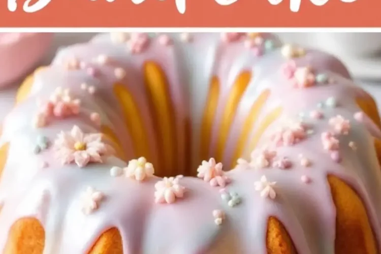 A golden Easter Bundt cake with pastel-colored glaze dripping down the sides, decorated with small pink and white sugar flowers and pearl sprinkles. The text “Easter Bundt Cake” is displayed in a bold, white script on a coral background.