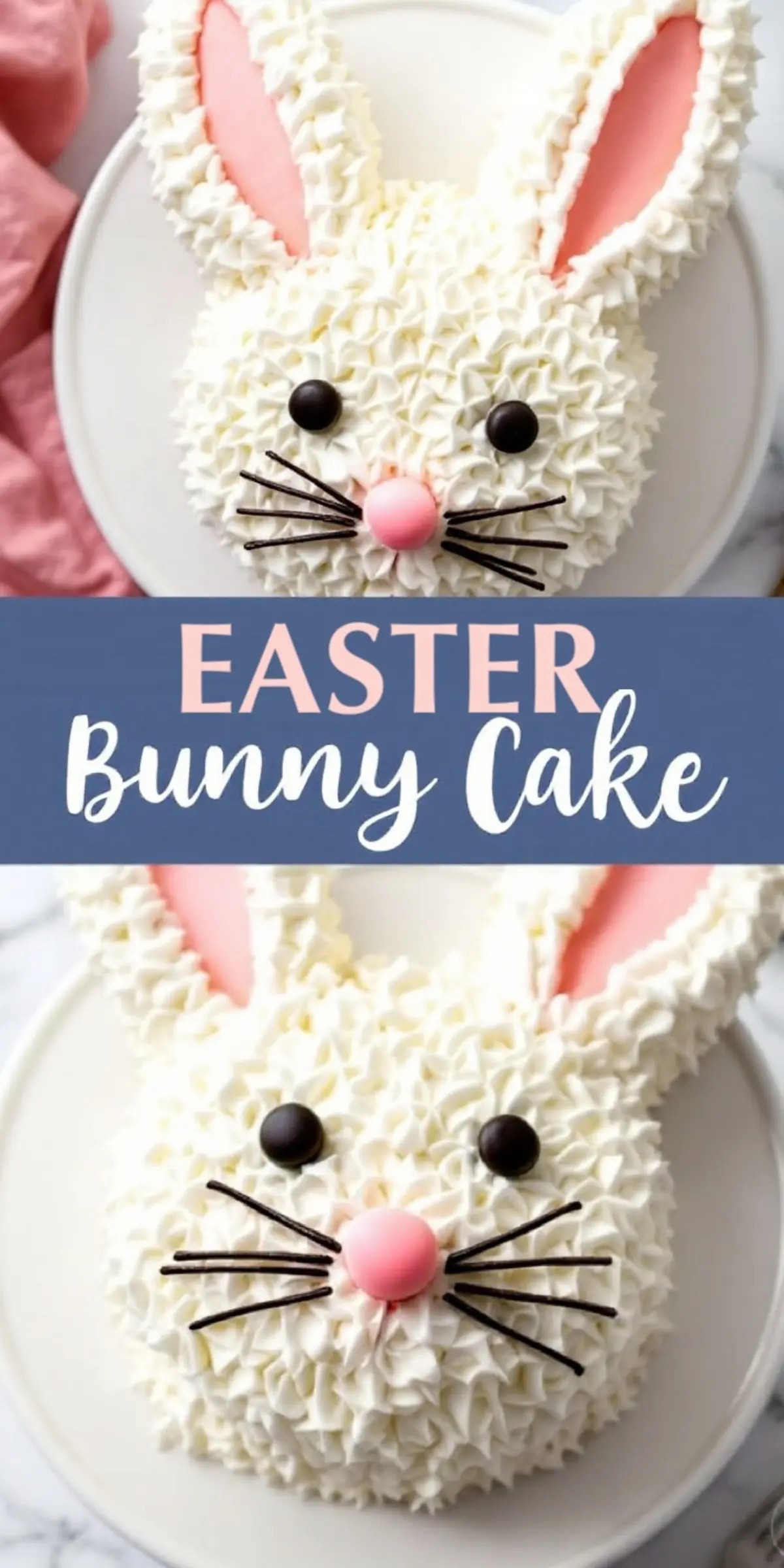 A second view of the Easter bunny cake with the same details—white frosting, pink ears, black candy eyes, and chocolate whiskers—on a white plate. A blue banner in the center again reads “EASTER Bunny Cake.”