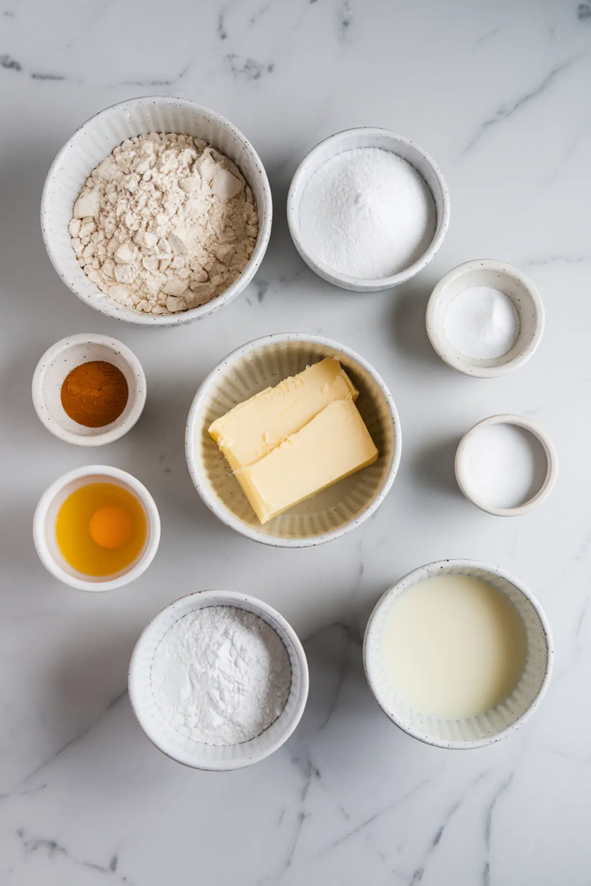 A flat-lay of baking ingredients arranged in small white bowls on a marble countertop. Ingredients include flour, sugar, butter, an egg, powdered sugar, milk, baking powder, salt, and cinnamon.