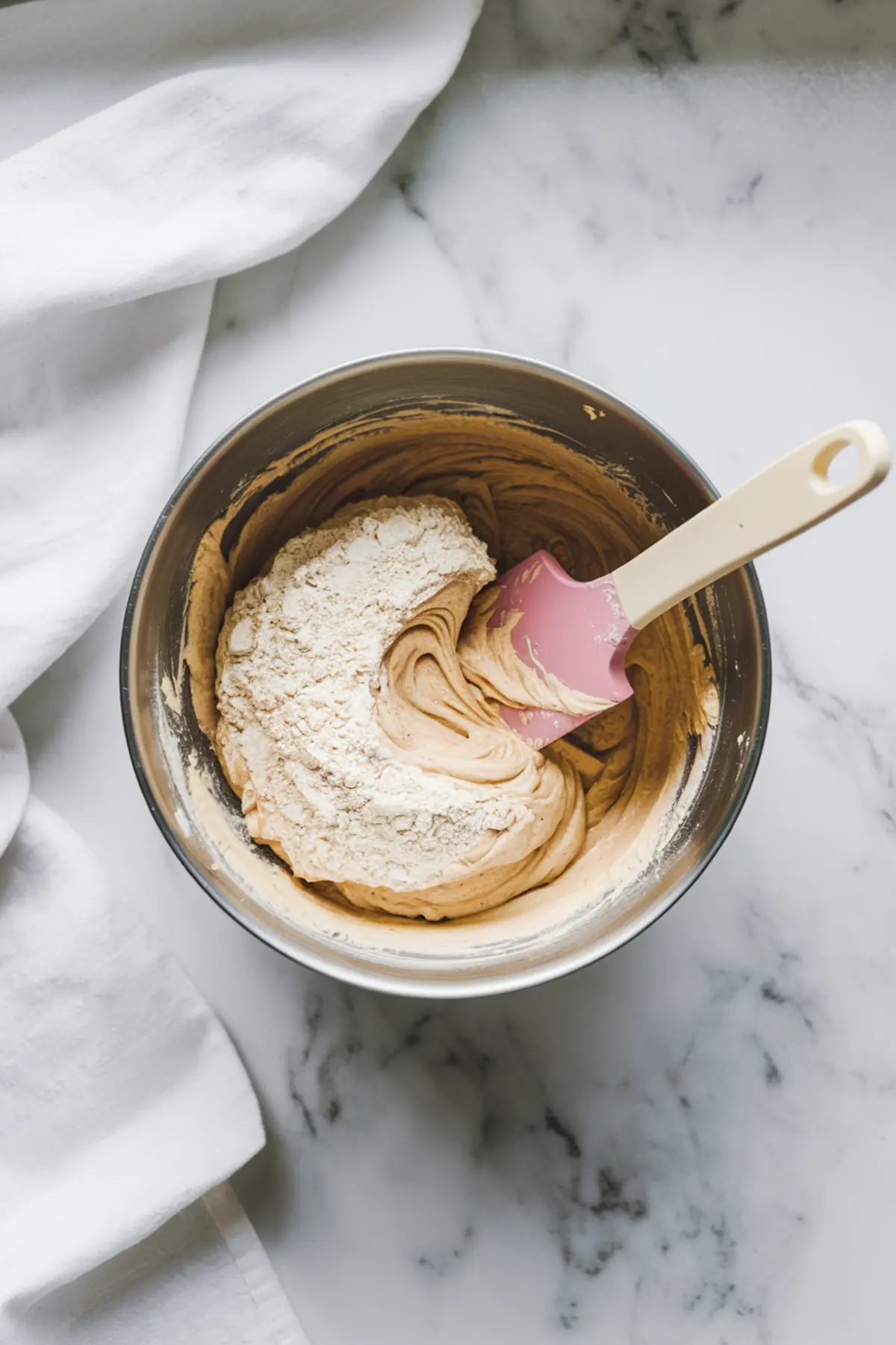 A mixing bowl containing thick batter with flour being folded in using a pink silicone spatula. The bowl rests on a marble countertop with a white cloth nearby.