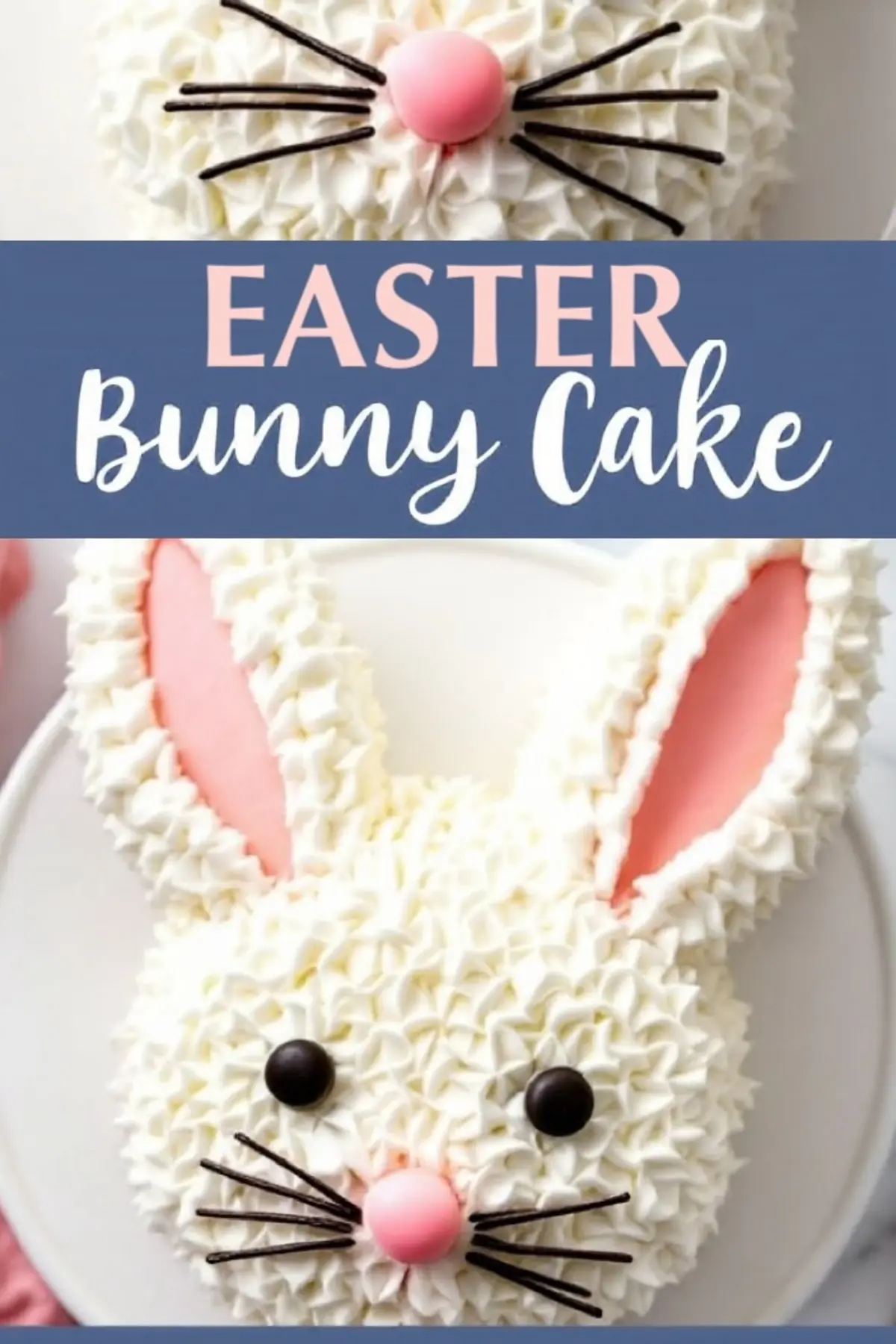 A decorated Easter bunny cake with piped white frosting, pink candy nose, black candy eyes, and chocolate whiskers. The ears have pink centers, and the cake is placed on a white plate. A blue banner in the middle reads “EASTER Bunny Cake.”