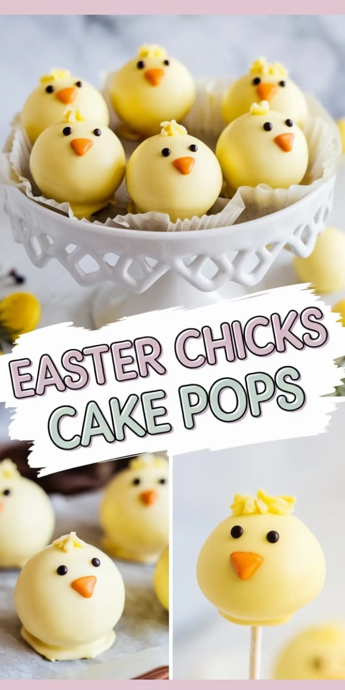 Easter chick cake pops covered in smooth yellow chocolate, decorated with black candy eyes, an orange candy beak, and a tiny tuft of yellow frosting on top, served in a white dish. A cute Easter treat for kids.