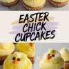 Collage of Easter chick cupcakes decorated with swirled yellow buttercream frosting, chocolate chip eyes, and orange candy beaks. The collage features different angles and close-ups of the cupcakes with a centered “Easter Chick Cupcakes” text overlay in black brushstroke-style font.
