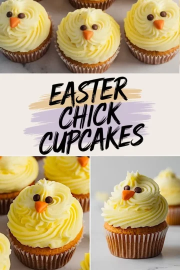 Collage of Easter chick cupcakes decorated with swirled yellow buttercream frosting, chocolate chip eyes, and orange candy beaks. The collage features different angles and close-ups of the cupcakes with a centered “Easter Chick Cupcakes” text overlay in black brushstroke-style font.