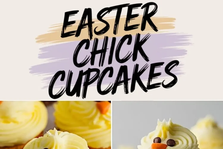 Collage of Easter chick cupcakes decorated with swirled yellow buttercream frosting, chocolate chip eyes, and orange candy beaks. The collage features different angles and close-ups of the cupcakes with a centered “Easter Chick Cupcakes” text overlay in black brushstroke-style font.