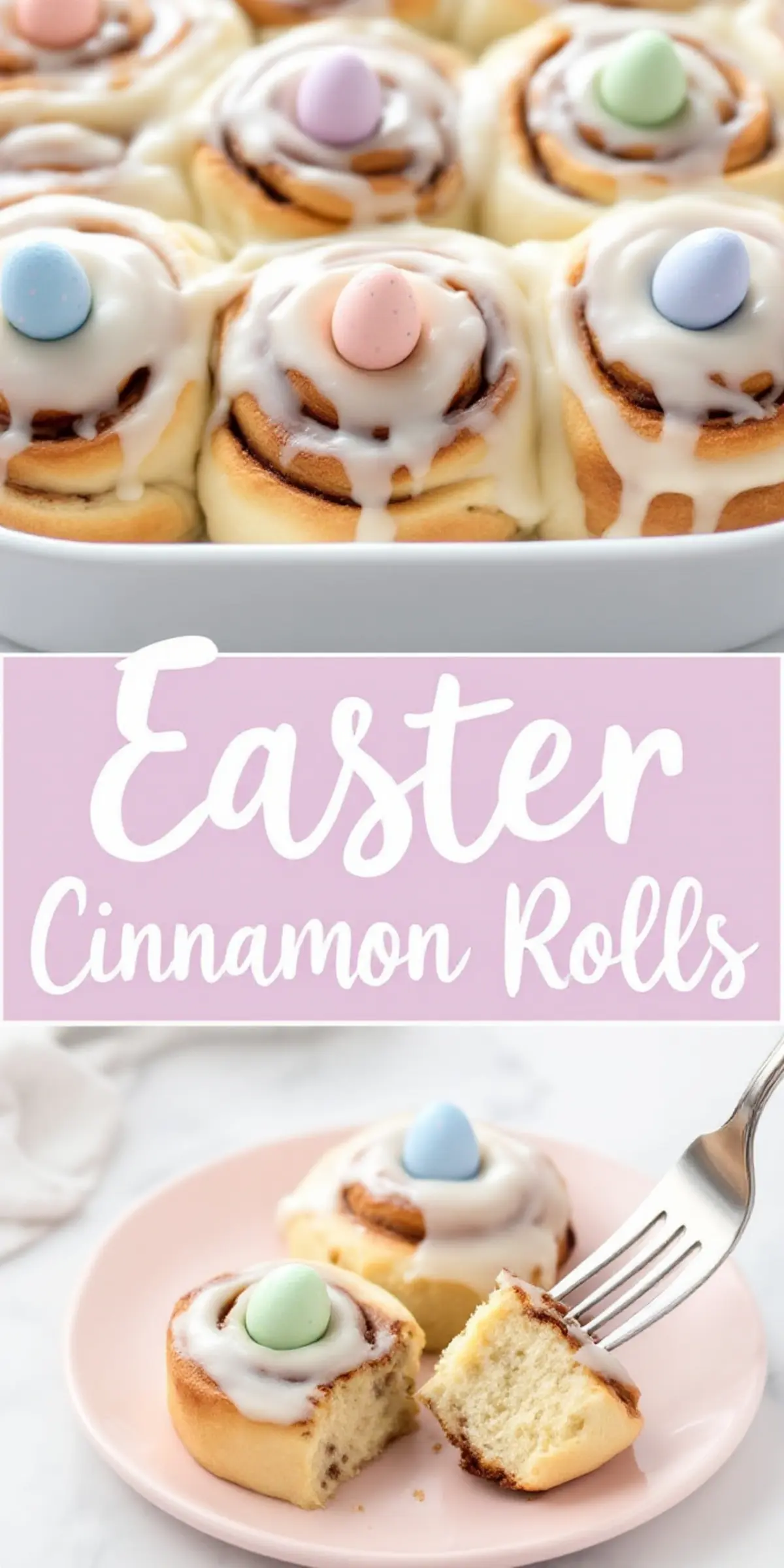 Easter cinnamon rolls topped with creamy white icing and pastel candy eggs, served warm on a pink plate. A delicious Easter treat for kids.