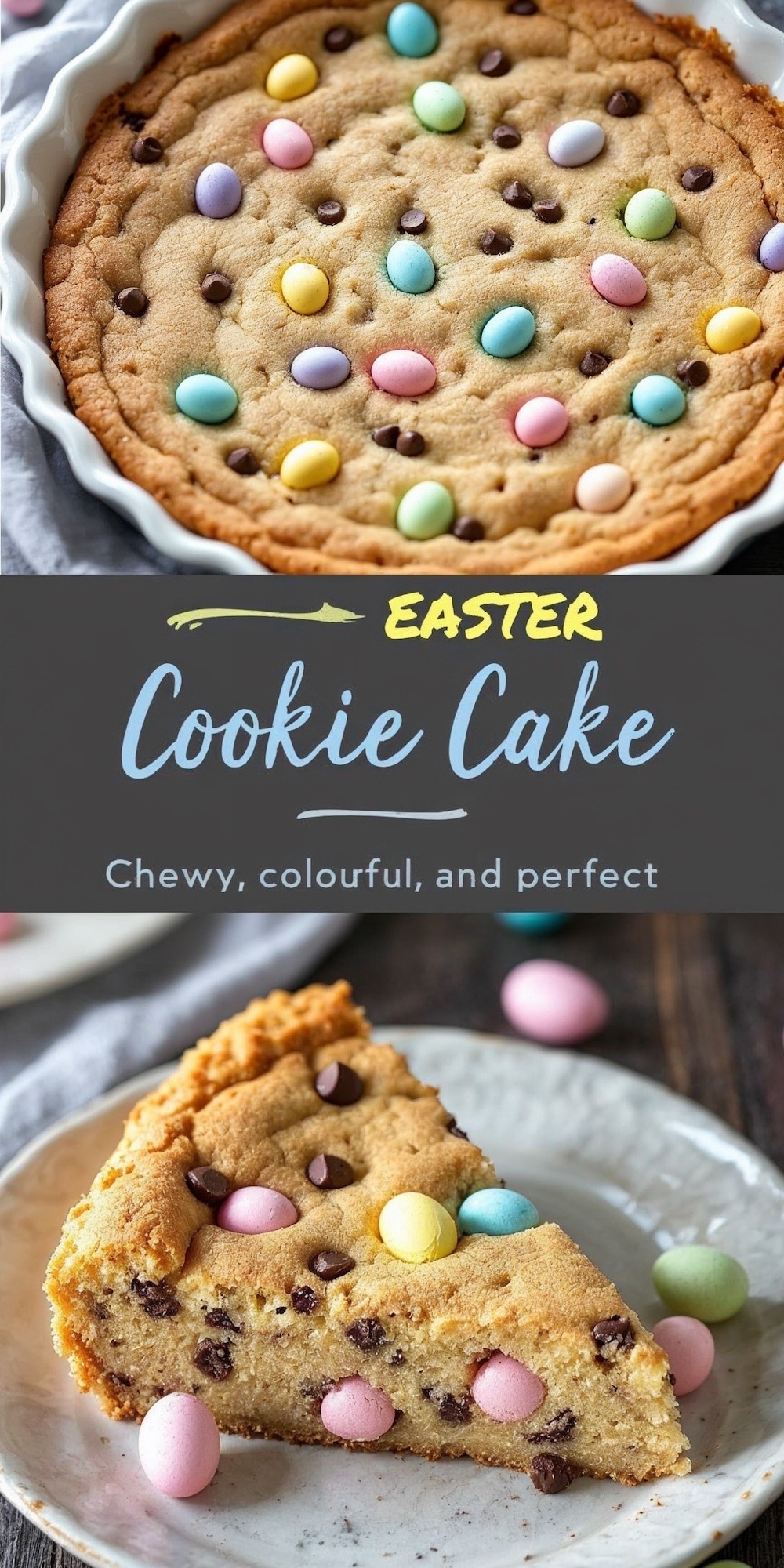 Easter cookie cake baked in a round dish, filled with chocolate chips and topped with pastel candy eggs, sliced into wedges and served on a plate. A chewy and colorful Easter treat for kids.