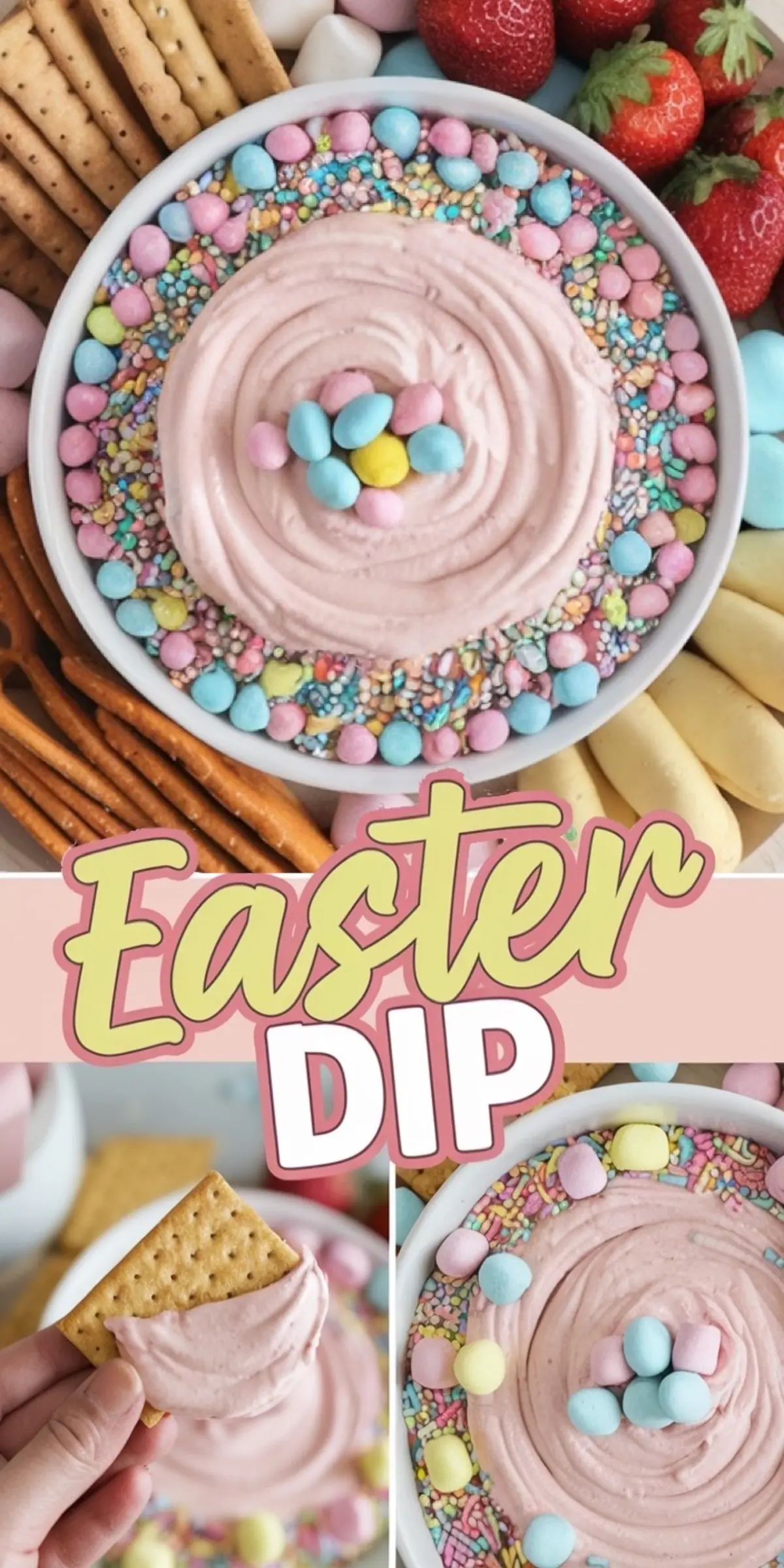 Easter dip made with creamy pink frosting, swirled in a bowl and topped with pastel candy eggs, surrounded by graham crackers, pretzels, strawberries, and marshmallows for dipping. A sweet and colorful Easter treat for kids.