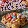 A close-up of the top of an Easter dump cake, highlighting a golden crust with shredded coconut and bright candy eggs. Below, a slice of the cake served on a blue plate, showing layers of pineapple and cherries under a crumbly, golden brown topping, decorated with speckled candy eggs.