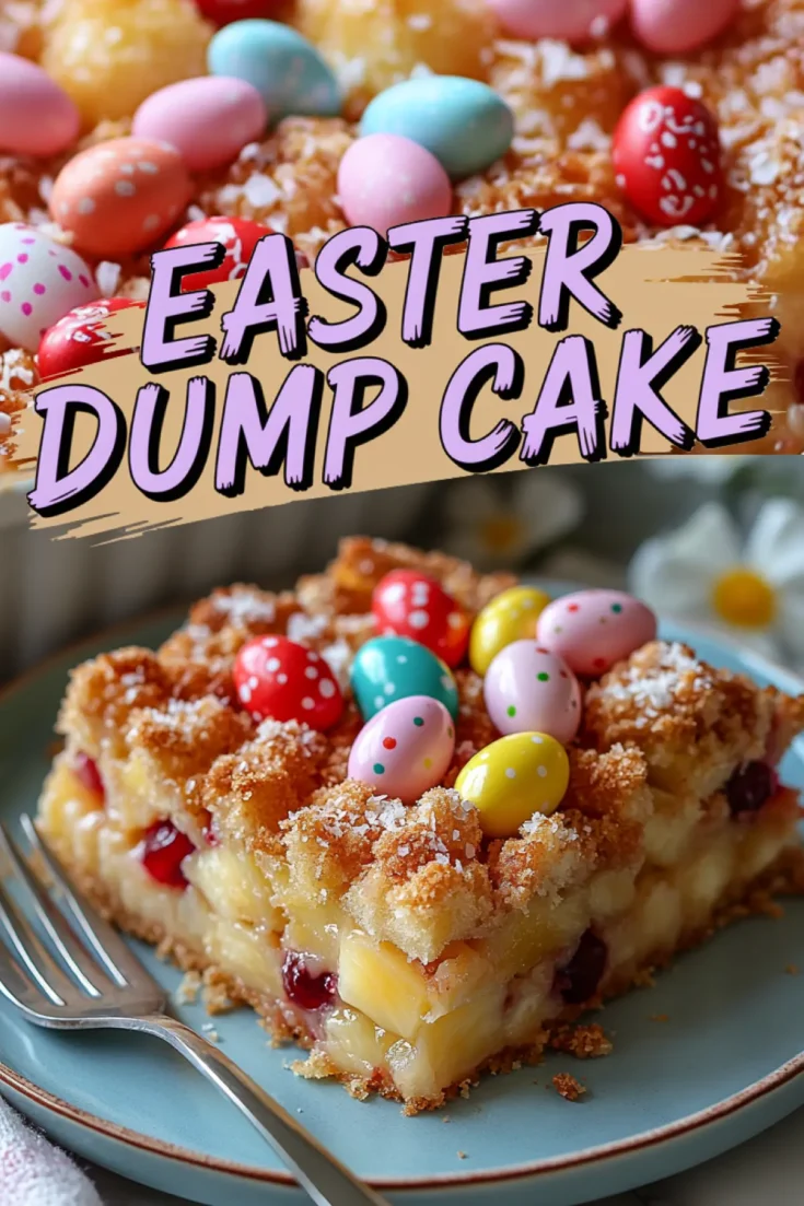A close-up of the top of an Easter dump cake, highlighting a golden crust with shredded coconut and bright candy eggs. Below, a slice of the cake served on a blue plate, showing layers of pineapple and cherries under a crumbly, golden brown topping, decorated with speckled candy eggs.