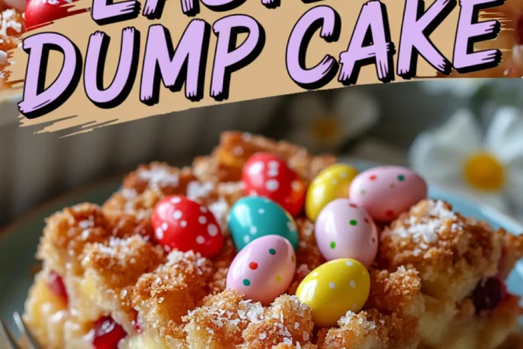 A close-up of the top of an Easter dump cake, highlighting a golden crust with shredded coconut and bright candy eggs. Below, a slice of the cake served on a blue plate, showing layers of pineapple and cherries under a crumbly, golden brown topping, decorated with speckled candy eggs.