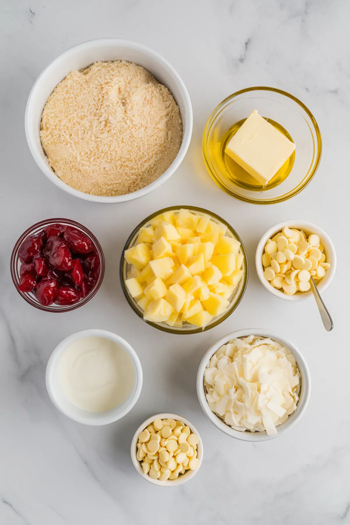 Flat lay of Easter dump cake ingredients on a white marble background, including crushed pineapple, cherry pie filling, shredded coconut, butter, white chocolate chips, cake mix, and sour cream, arranged in bowls for recipe preparation.