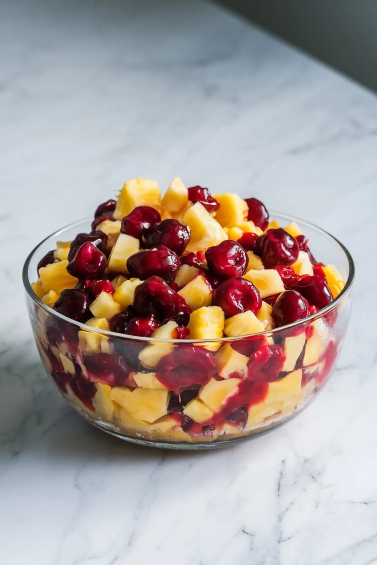 Glass bowl filled with a mixture of juicy pineapple chunks and vibrant red cherries, prepared as the fruity base for an Easter dump cake, sitting on a marble surface.