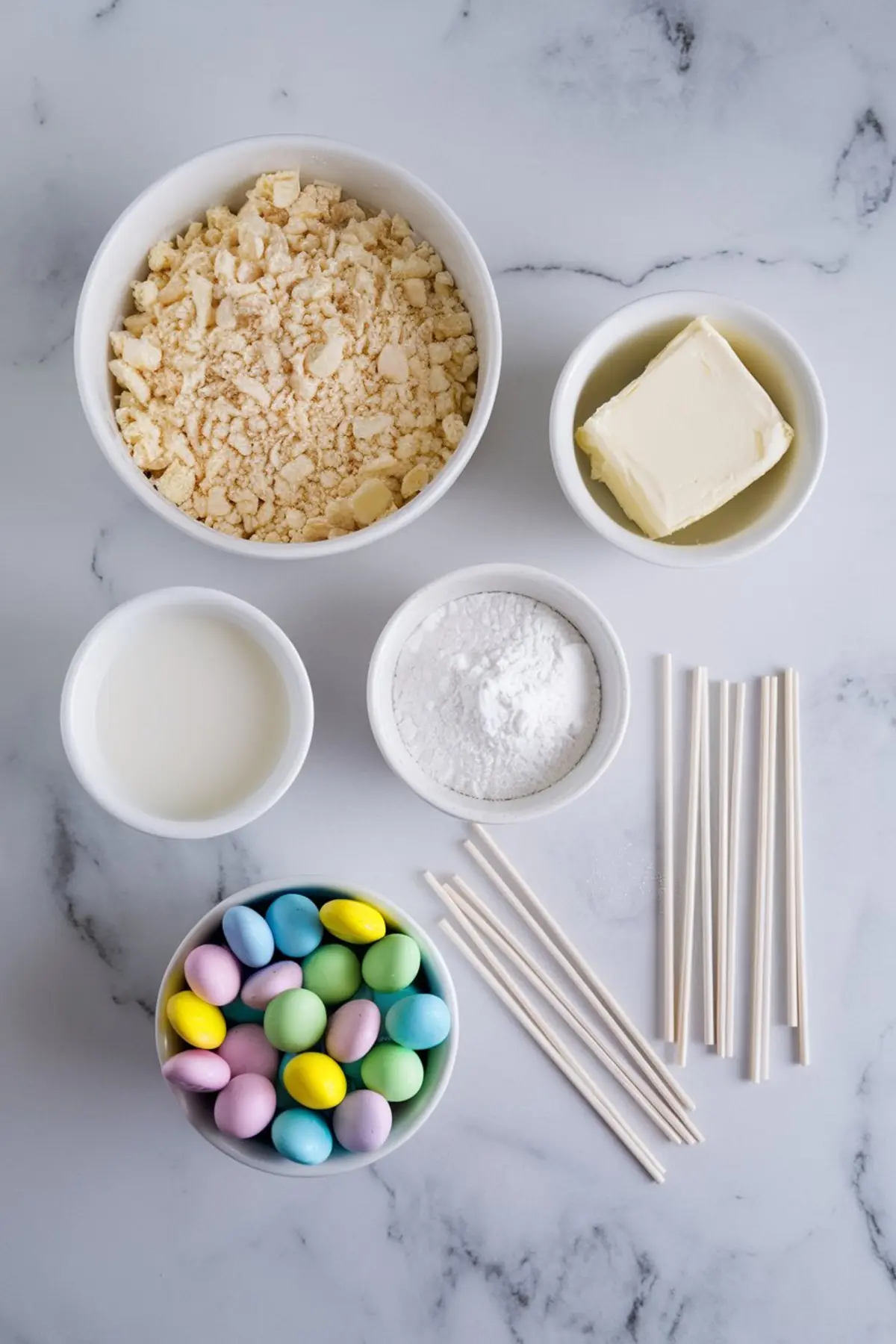 Flat lay of Easter cake pop ingredients on a marble surface, including crumbled cake, butter, powdered sugar, milk, pastel candy eggs, and white cake pop sticks.
