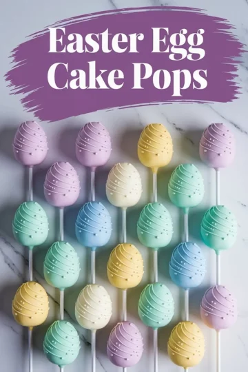 Pastel Easter egg cake pops arranged in a grid on marble, decorated with swirl designs and white sugar pearls in soft shades of purple, yellow, mint green, blue, and peach, with a purple “Easter Egg Cake Pops” text banner above.