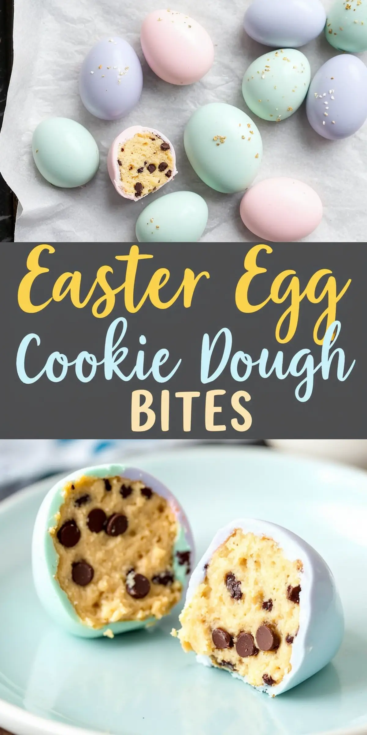 Easter egg cookie dough bites coated in pastel-colored chocolate shells, with an edible cookie dough center filled with mini chocolate chips, arranged on parchment paper. A no-bake Easter treat for kids.