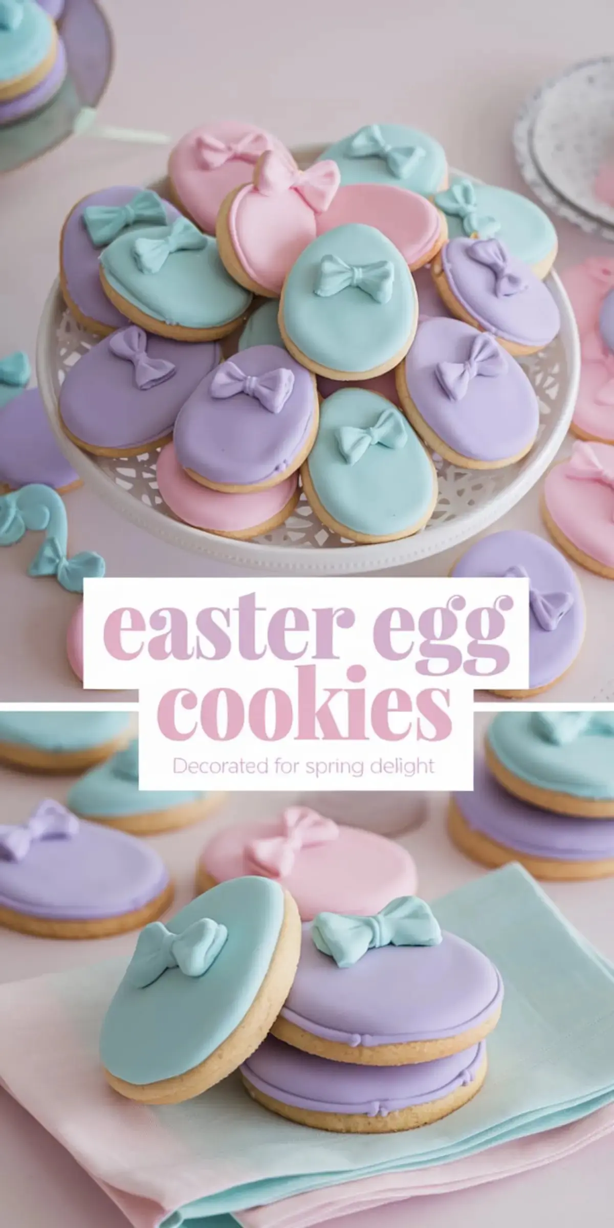 Easter egg cookies decorated with pastel-colored icing in pink, blue, and purple, each topped with a delicate fondant bow, arranged on a white cake stand and napkins. A charming Easter treat for kids.