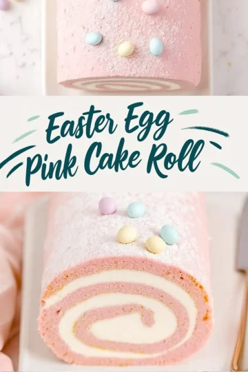 Easter egg pink cake roll featuring a white cream swirl, decorated with mini pastel eggs and powdered sugar on a white platter, with text overlay “Easter Egg Pink Cake Roll.”