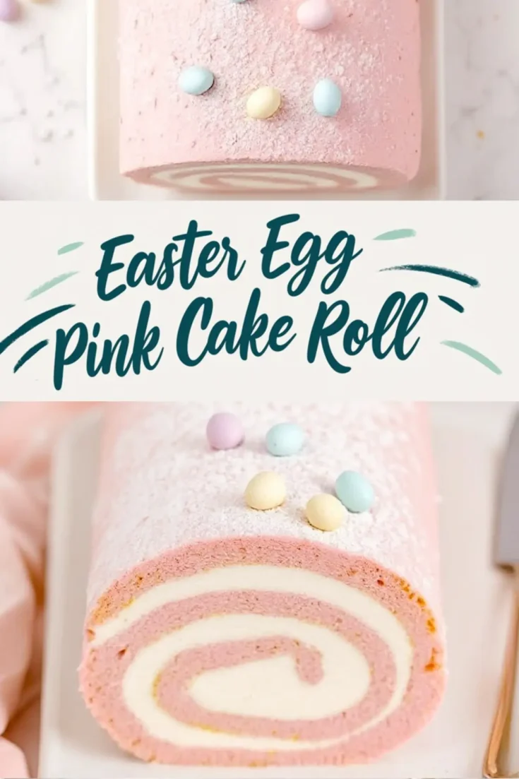 Easter egg pink cake roll featuring a white cream swirl, decorated with mini pastel eggs and powdered sugar on a white platter, with text overlay “Easter Egg Pink Cake Roll.”