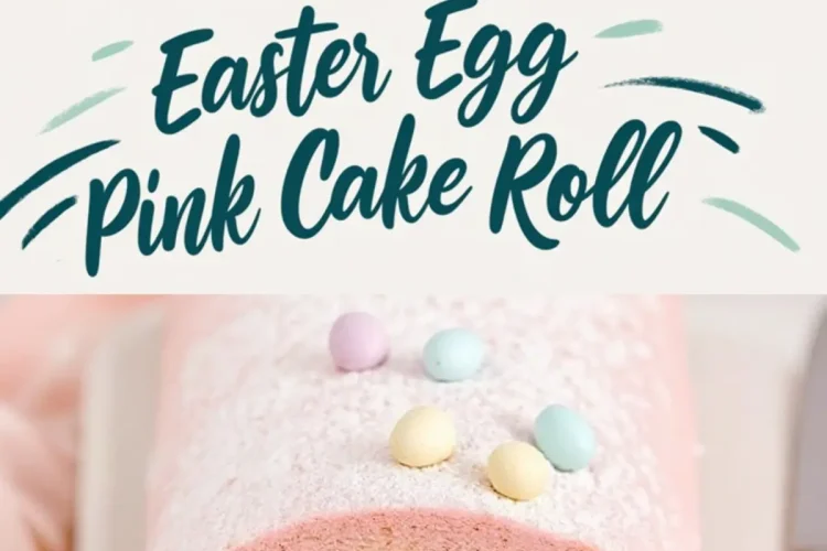 Easter egg pink cake roll featuring a white cream swirl, decorated with mini pastel eggs and powdered sugar on a white platter, with text overlay “Easter Egg Pink Cake Roll.”