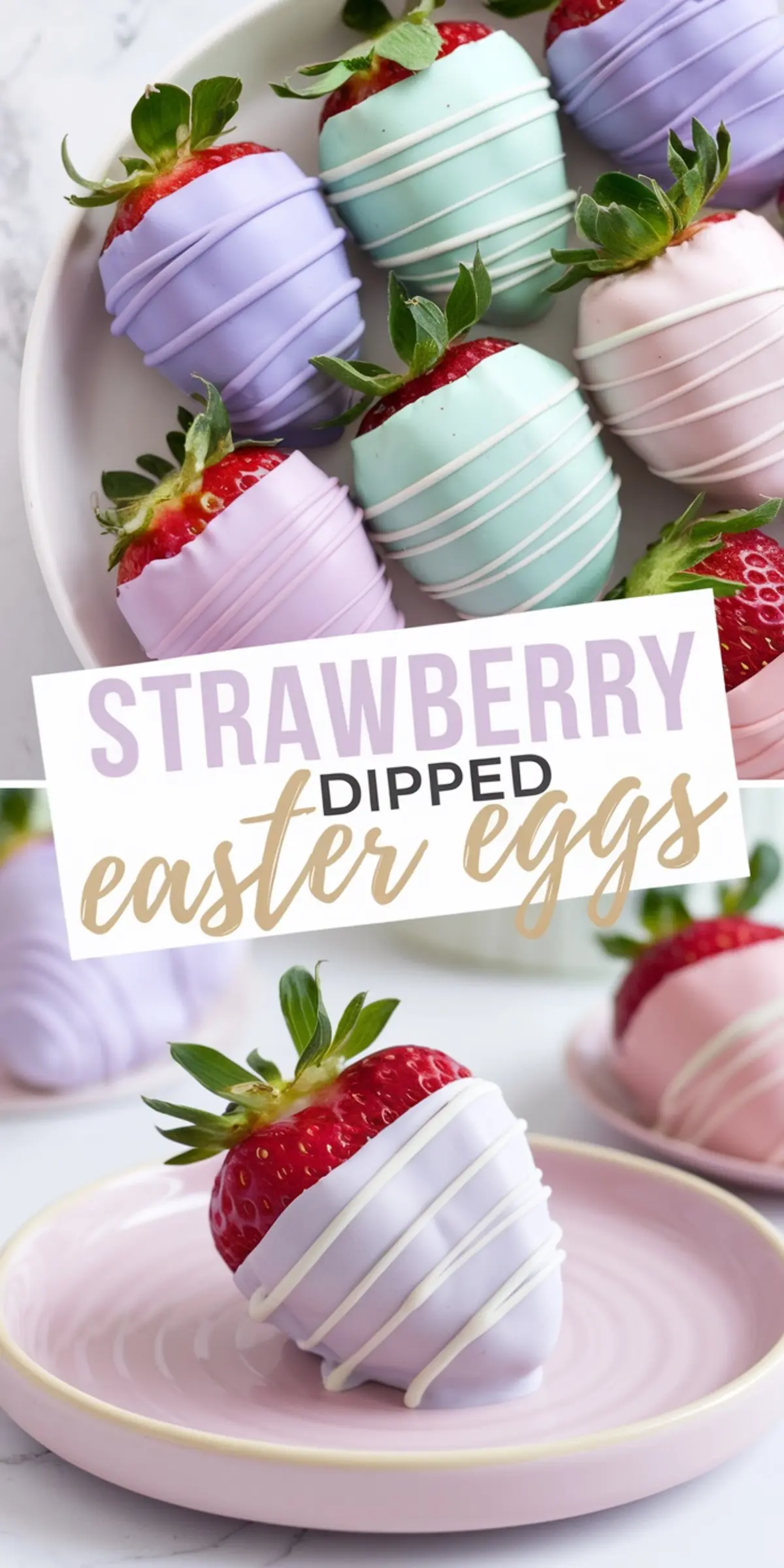 Strawberry-dipped Easter eggs made by coating fresh strawberries in pastel-colored chocolate and drizzling them with white chocolate, arranged on a pink plate. A fruity Easter treat for kids.