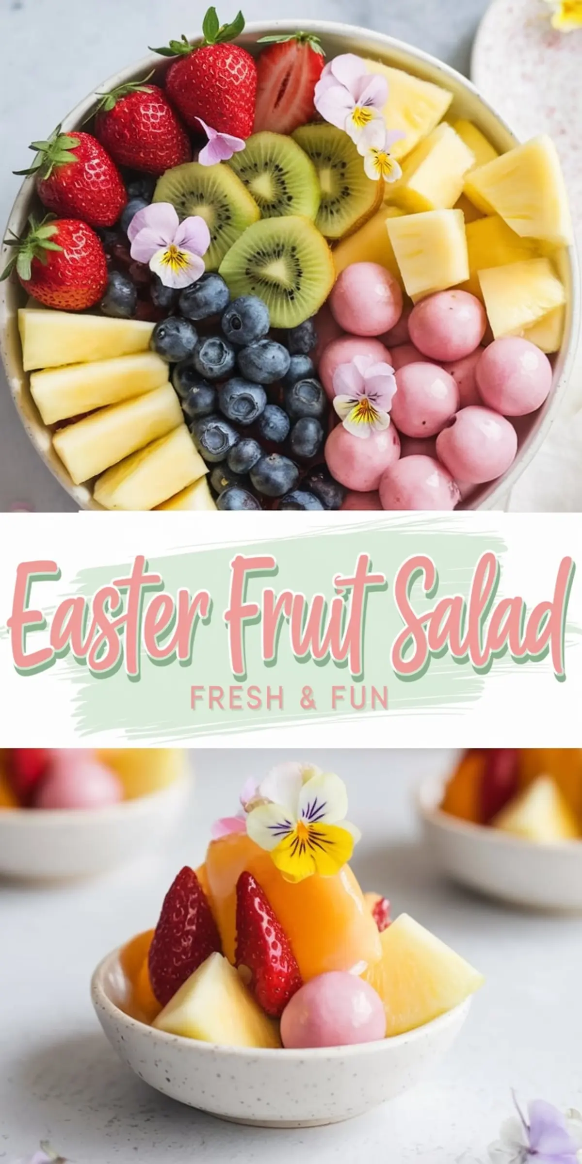 Easter fruit salad in a bowl with fresh strawberries, blueberries, pineapple, kiwi, and pink chocolate-covered candies, topped with edible flowers. A healthy Easter treat for kids.