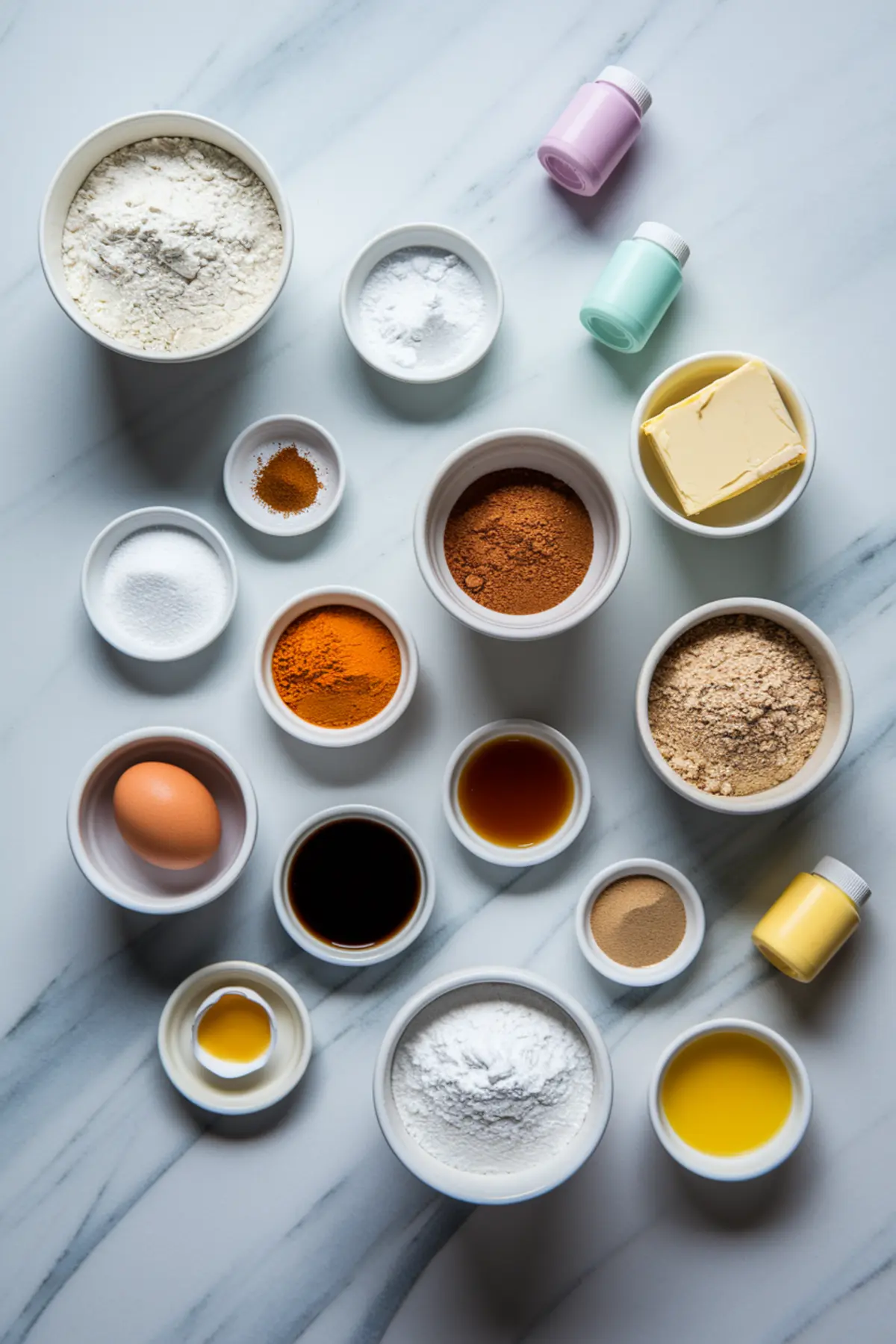 Assorted baking ingredients arranged in small white bowls on a marble surface, including flour, sugar, spices, butter, eggs, vanilla extract, and food coloring. A visually appealing flat lay of essential items for gingerbread baking.