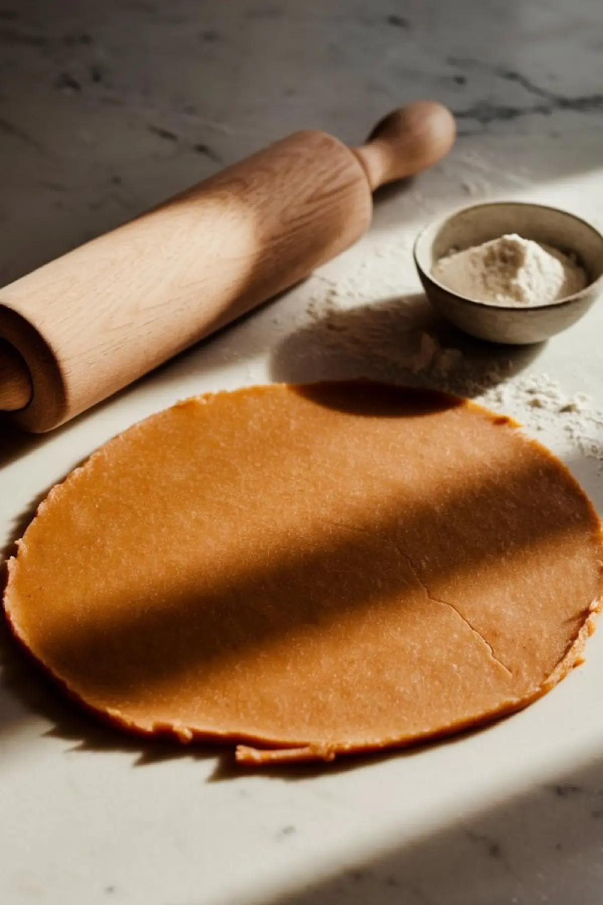Rolled-out gingerbread dough on a floured marble surface, with a wooden rolling pin and a small ceramic bowl filled with flour beside it. Soft shadows add warmth to the baking scene.
