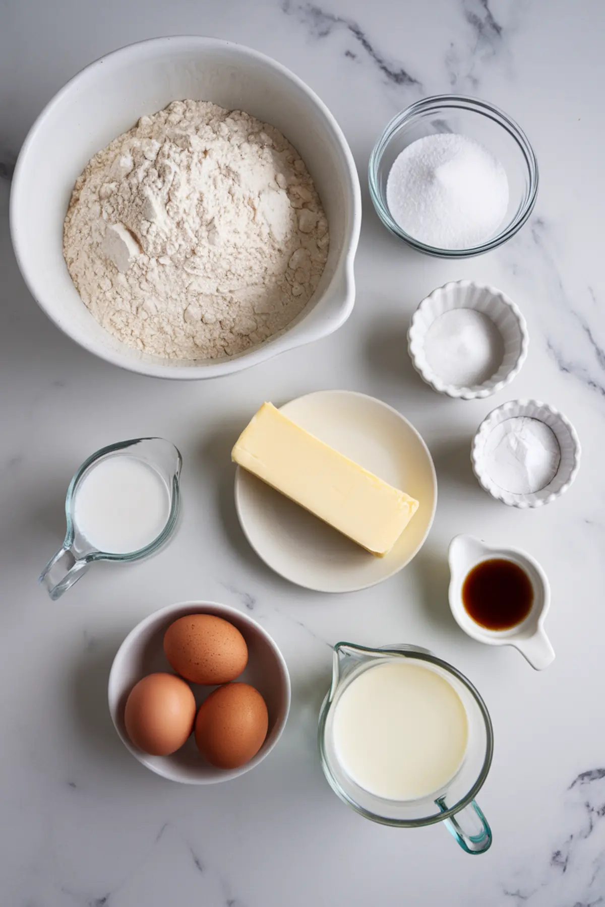 Flat lay of baking ingredients on a white marble surface, including a large bowl of flour, granulated sugar, salt, baking soda, baking powder, unsalted butter, vanilla extract, whole milk, and three brown eggs, ready for cake making.