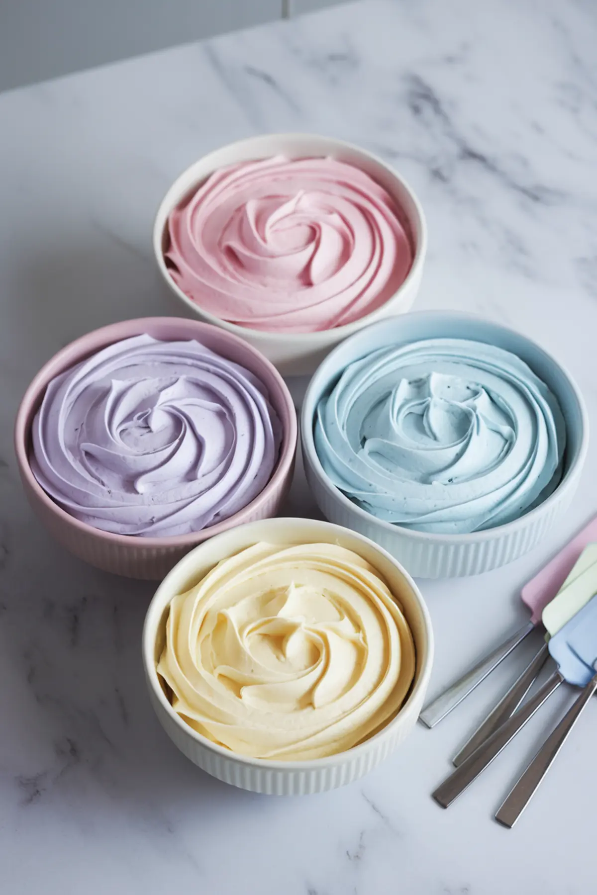 Four bowls of pastel-colored buttercream frosting in shades of pink, lavender, blue, and yellow, each swirled smoothly, set on a marble countertop with offset spatulas nearby, prepared for decorating an Easter cake.